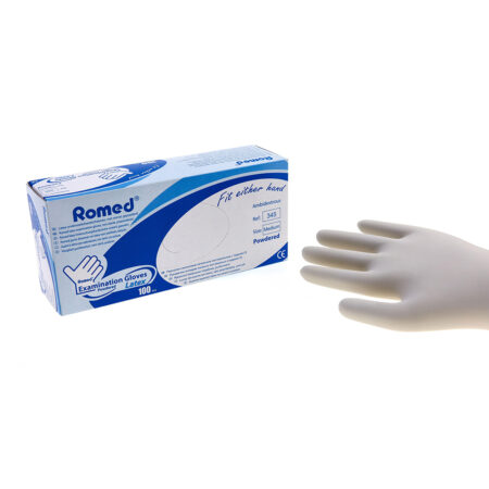 Romed Latex examination gloves, non sterile, prepowdered (bx/100)